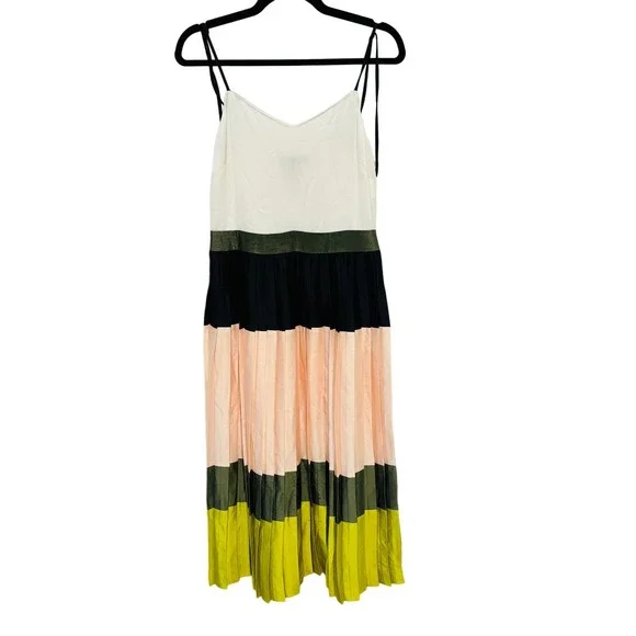 NWT Banana Republic Colorblock Pleated Midi Dress Citron Mix Size 4 - Picture 2 of 10